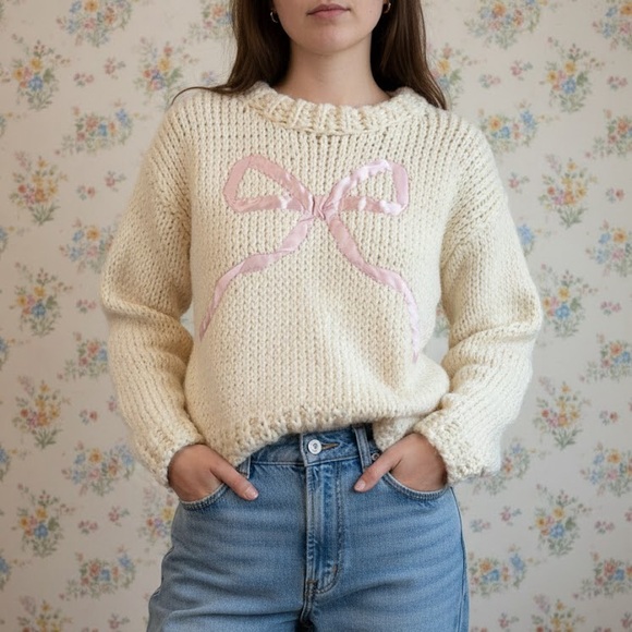 Sweaters - ✨️Cream With Pink Bow Cottagecore Sweater🎀